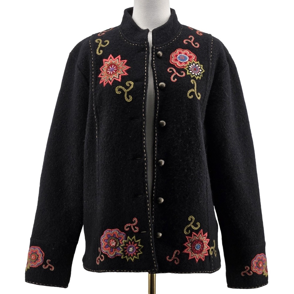 Icelandic Design Jacket Womens L Black Tweed Floral Embroidered‎ Lined Button